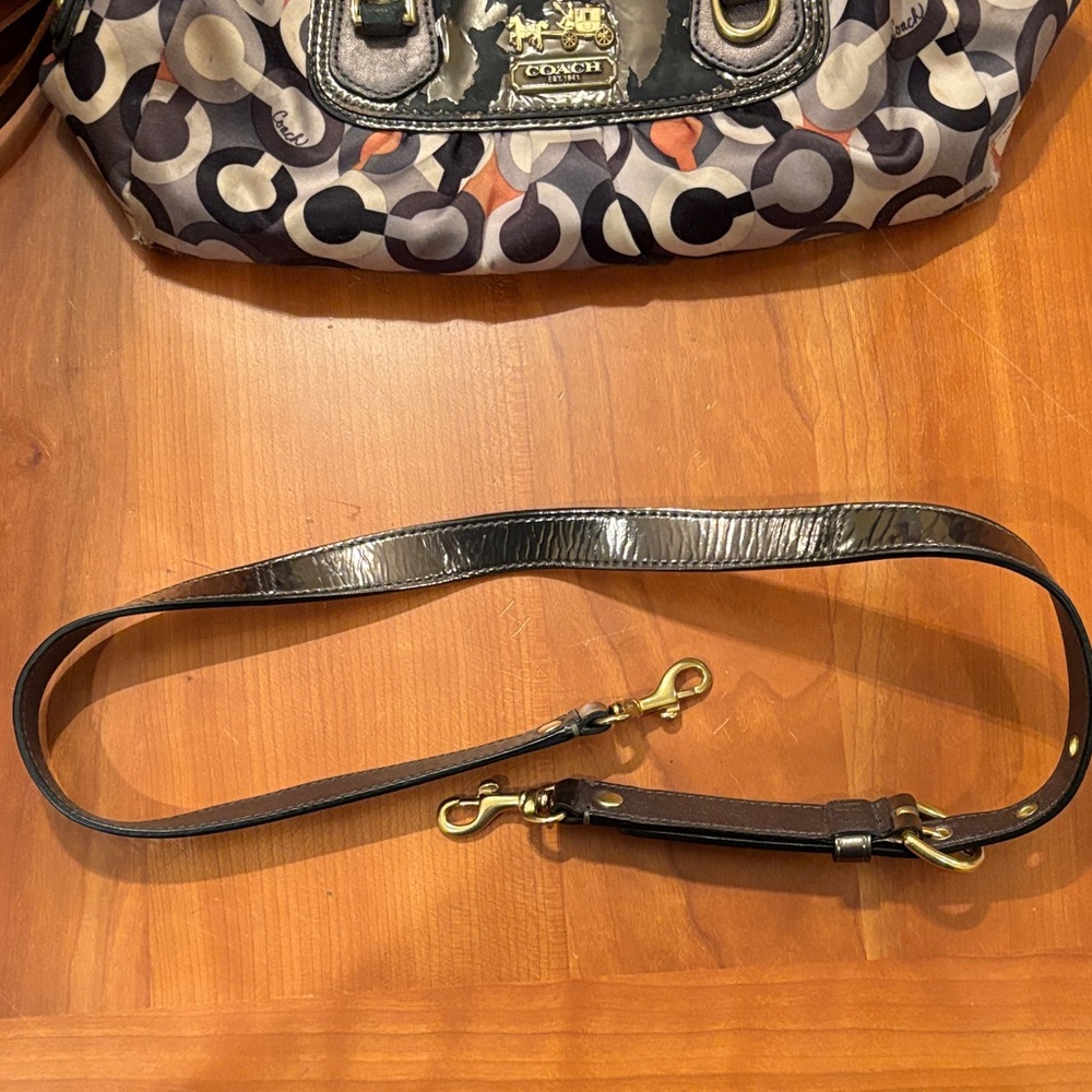 Coach Shoulder Replacement Strap Pewter Patent Type Leather with Gold Accents